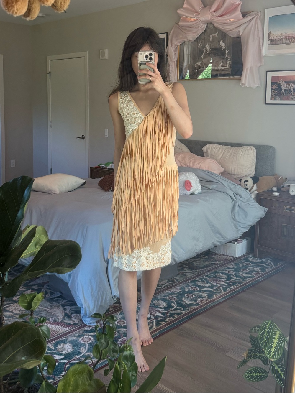 NWT MOSCHINO Fringe Layered silk Lace Slip Dress in peach